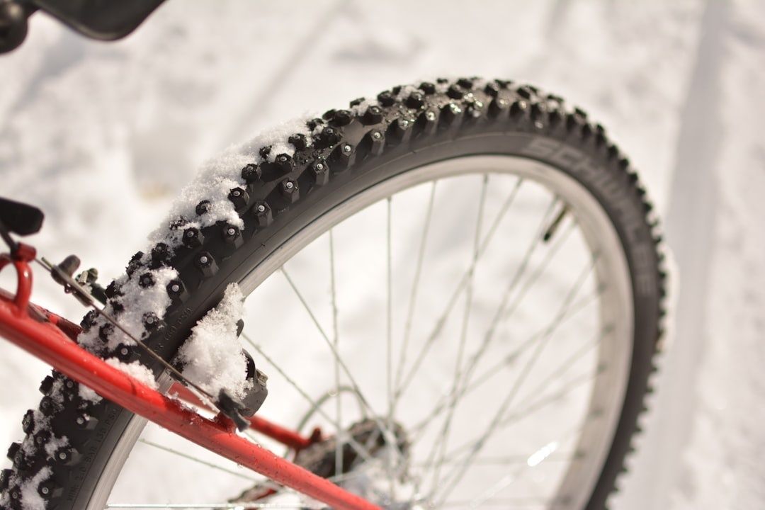 Närbild av dubbdäck på en röd cykel med snö på slitbanan